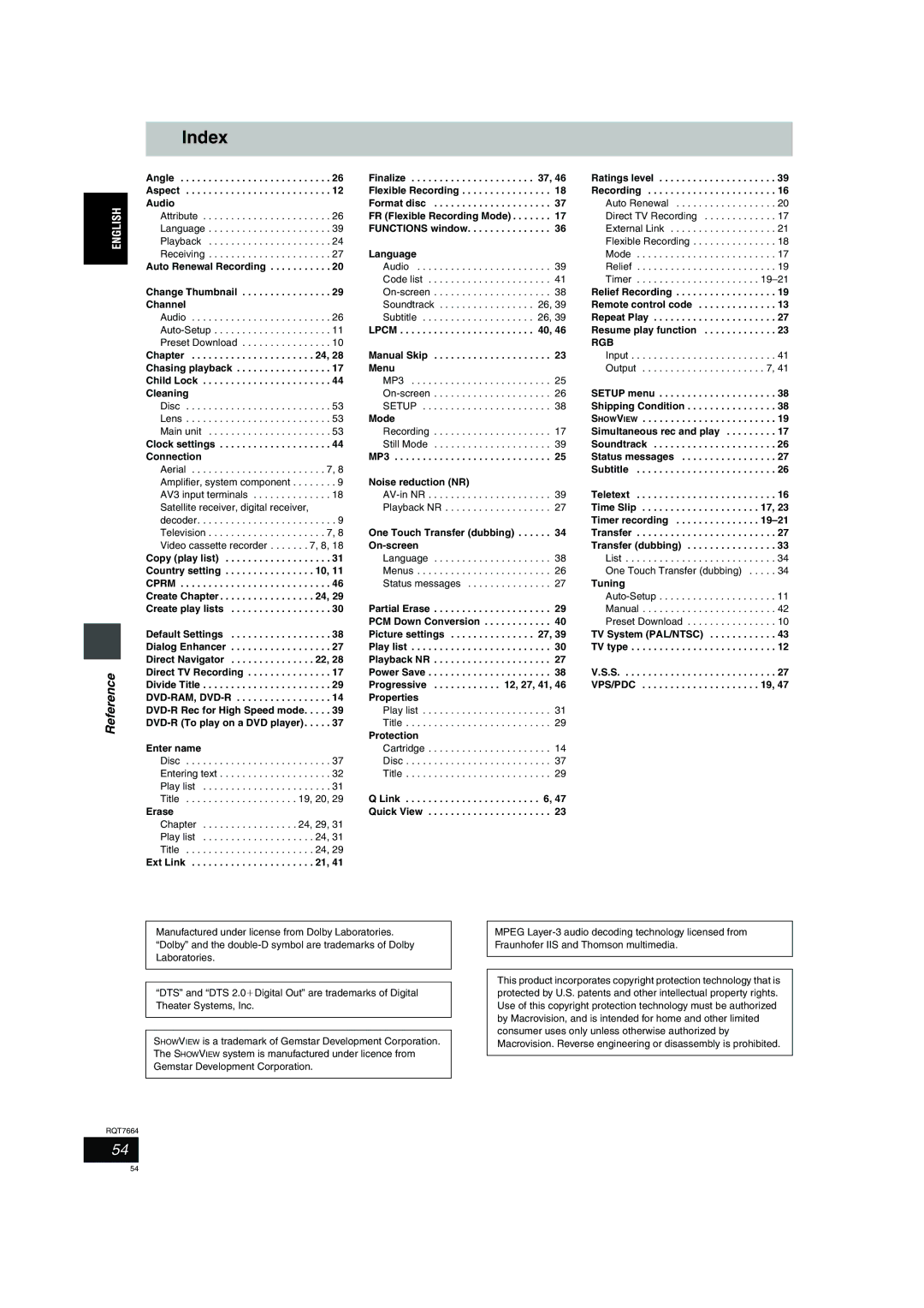 Panasonic DMR-E85H operating instructions Index, Rgb 