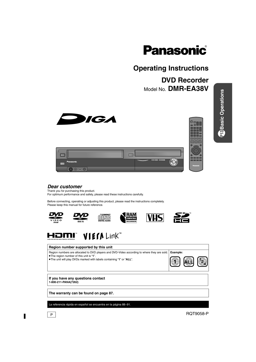 Panasonic DMR-EA38V warranty RQT9058-P, Region number supported by this unit, If you have any questions contact 