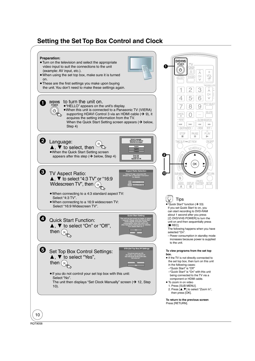 Panasonic DMR-EA38V warranty Setting the Set Top Box Control and Clock 