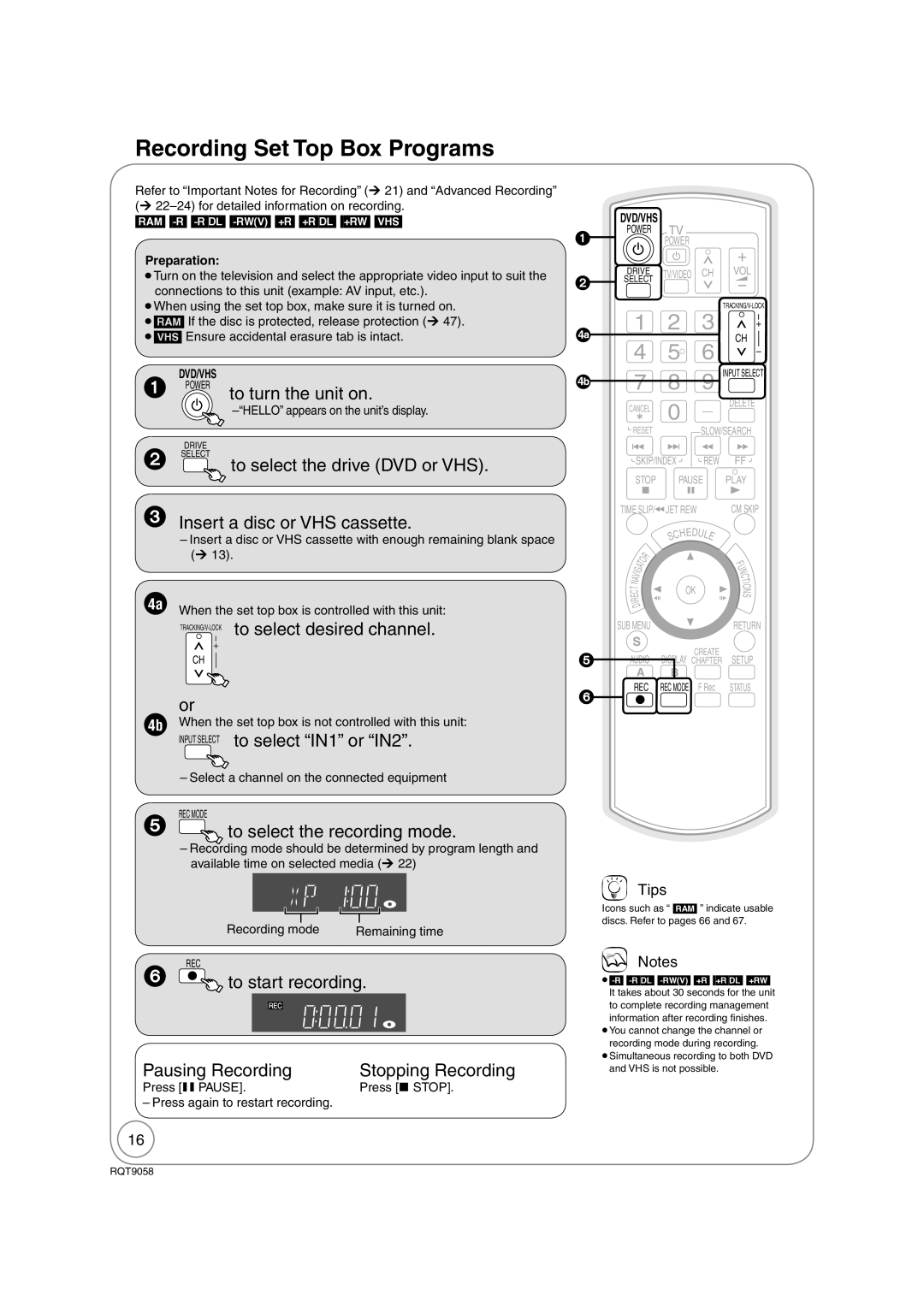 Panasonic DMR-EA38V warranty Recording Set Top Box Programs, To select desired channel, To select IN1 or IN2 