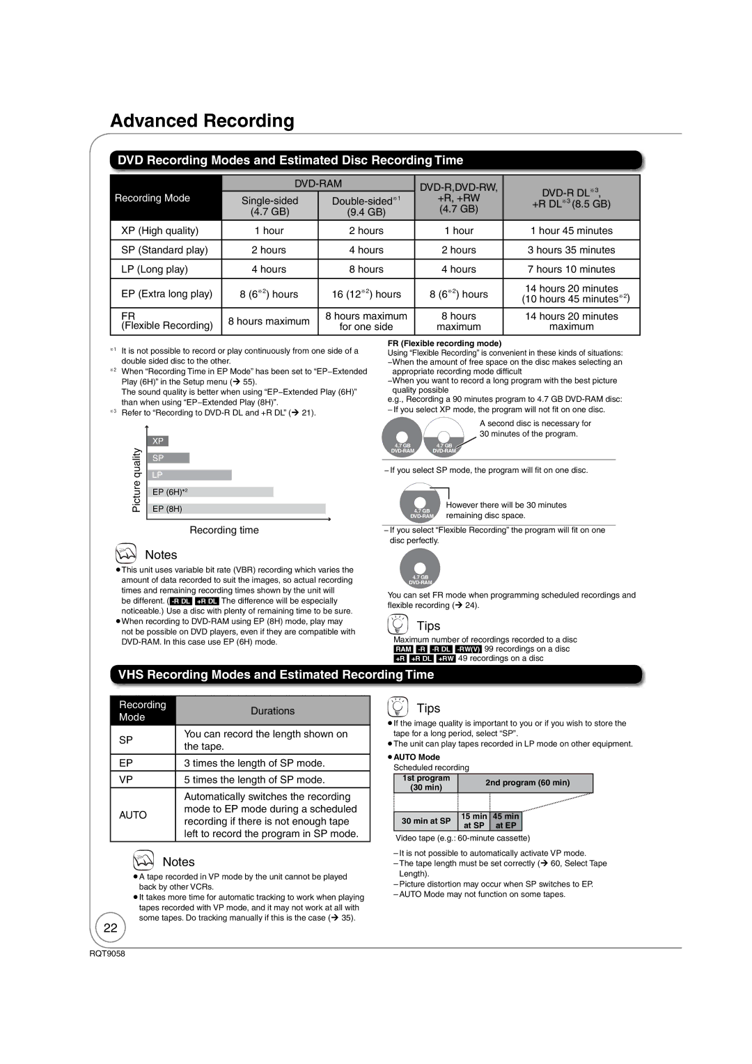 Panasonic DMR-EA38V warranty Advanced Recording, DVD Recording Modes and Estimated Disc Recording Time 