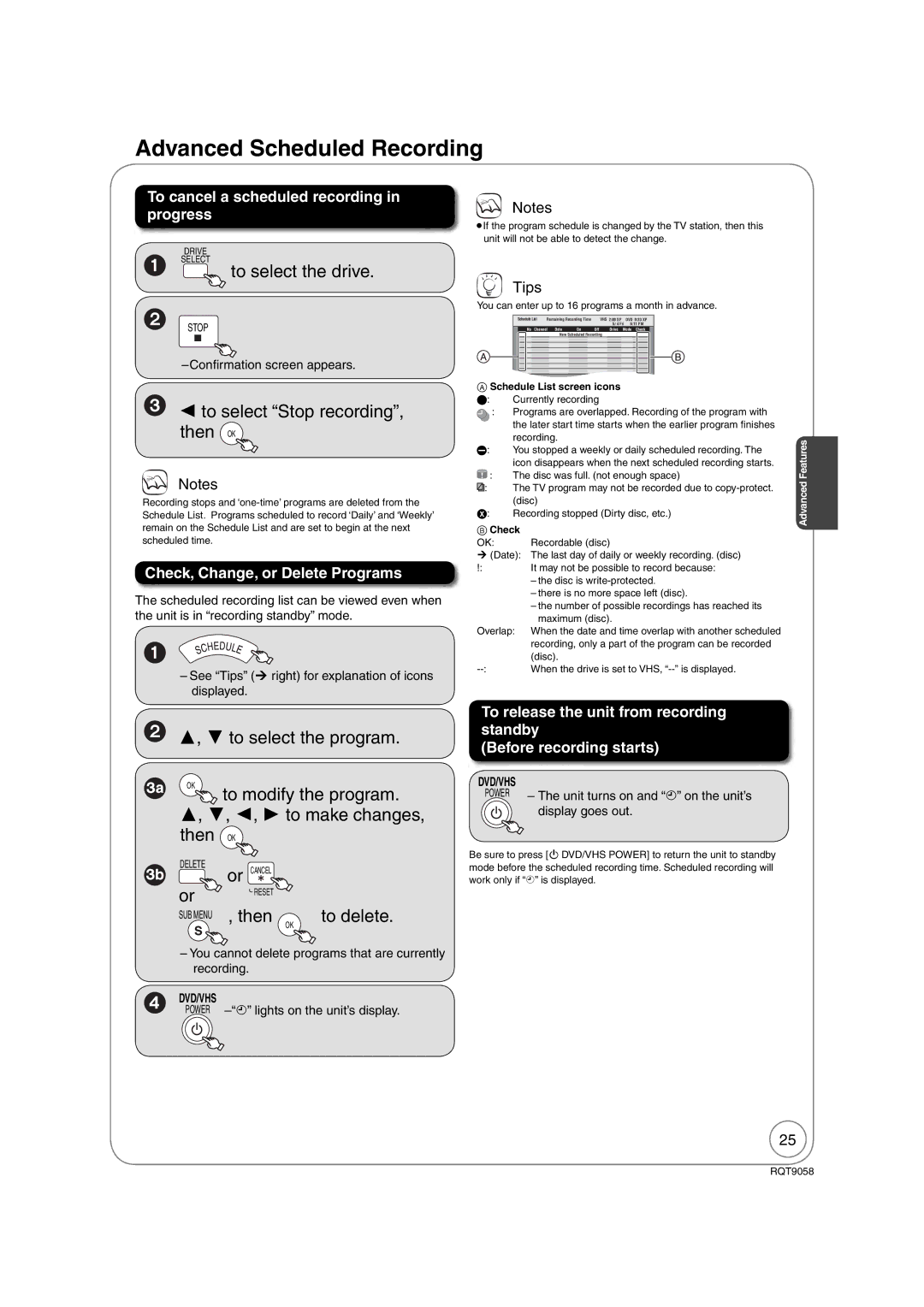 Panasonic DMR-EA38V warranty Advanced Scheduled Recording, To select the drive,  to select Stop recording, then OK 