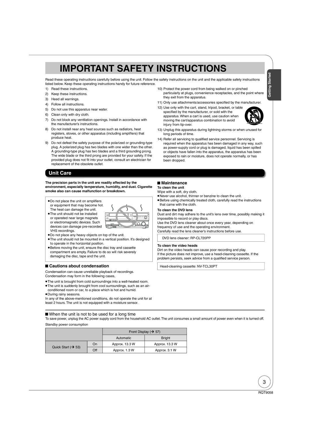 Panasonic DMR-EA38V warranty Unit Care, Maintenance, When the unit is not to be used for a long time 