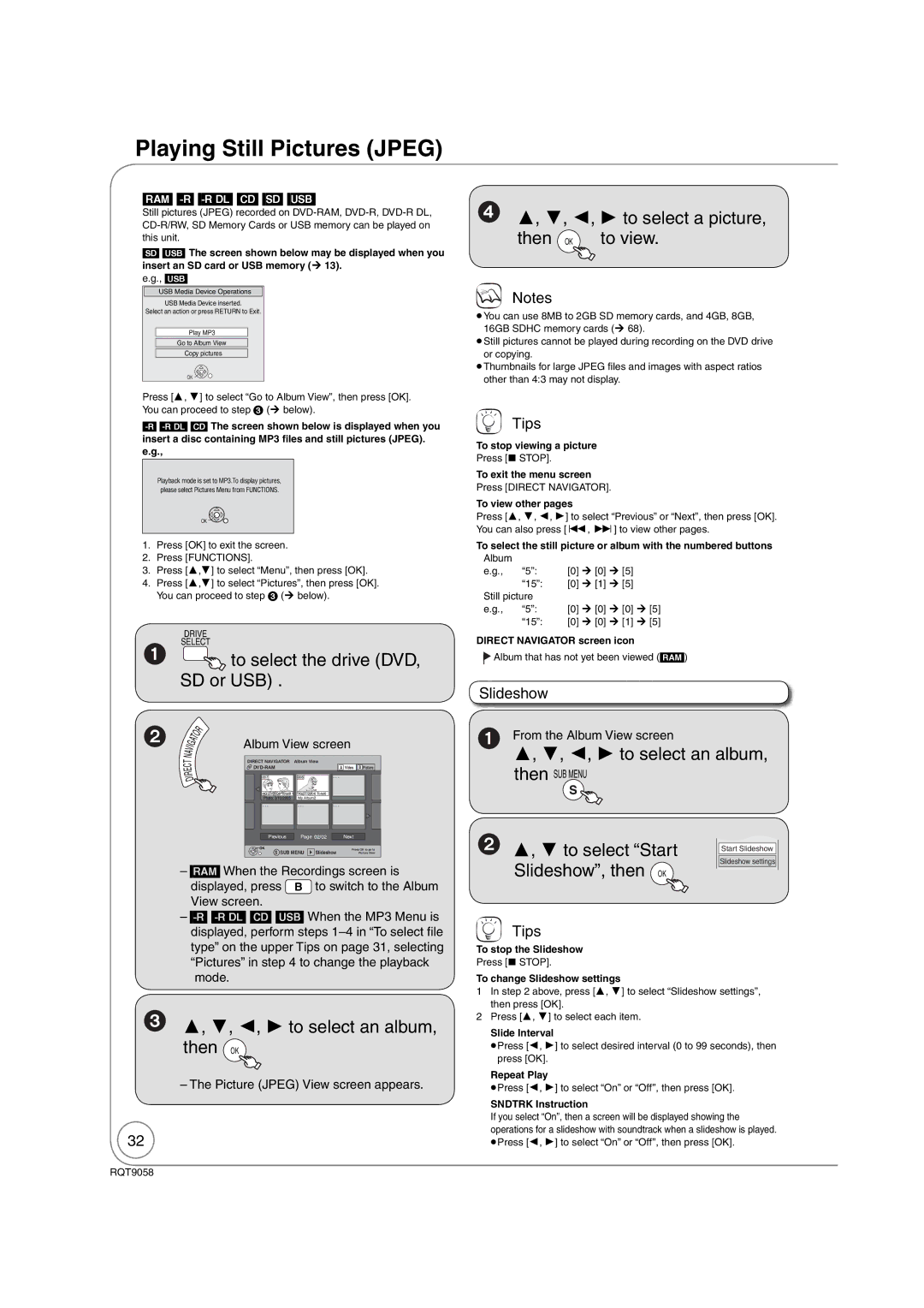 Panasonic DMR-EA38V Playing Still Pictures Jpeg, , , ,  to select an album, ,  to select Start Slideshow, then OK 