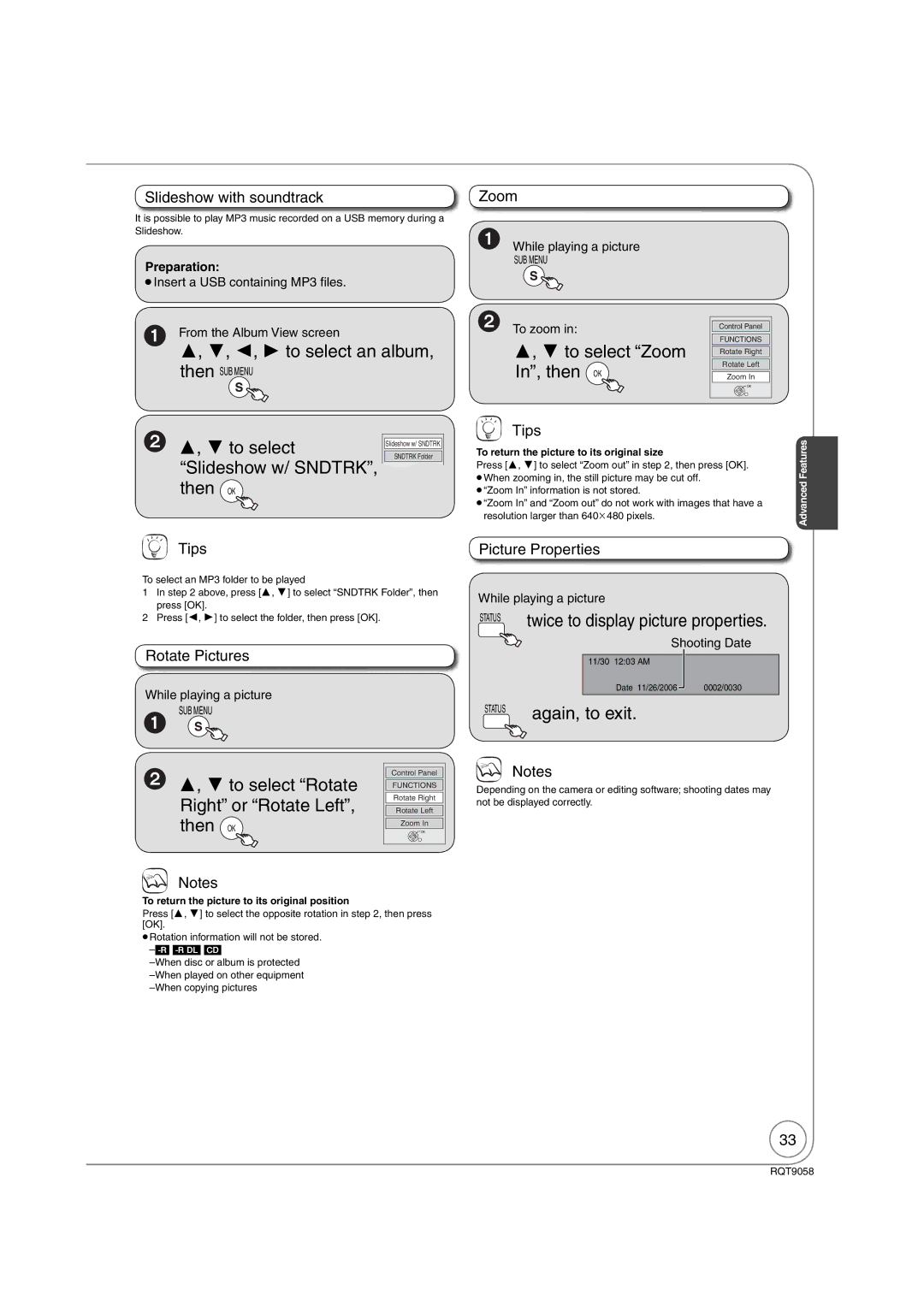 Panasonic DMR-EA38V warranty ,  to select Zoom, In, then OK, ,  to select Slideshow w/ SNDTRK, then OK 