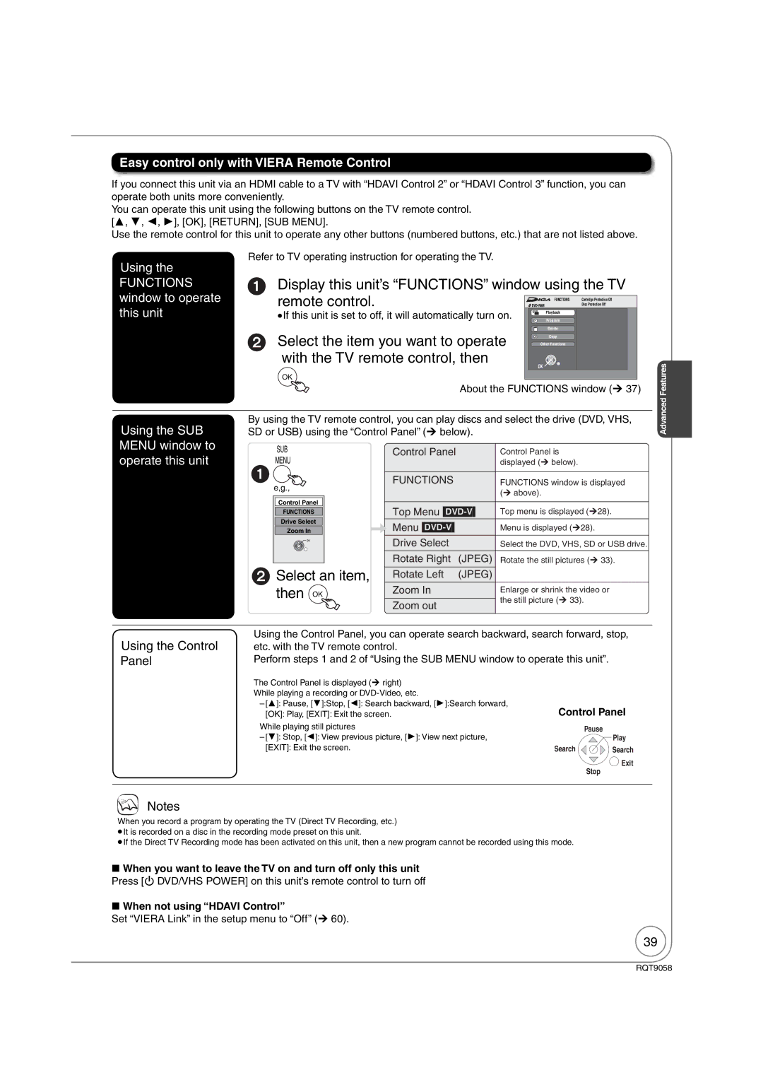 Panasonic DMR-EA38V warranty Then OK, Easy control only with Viera Remote Control, Using the Control Panel 