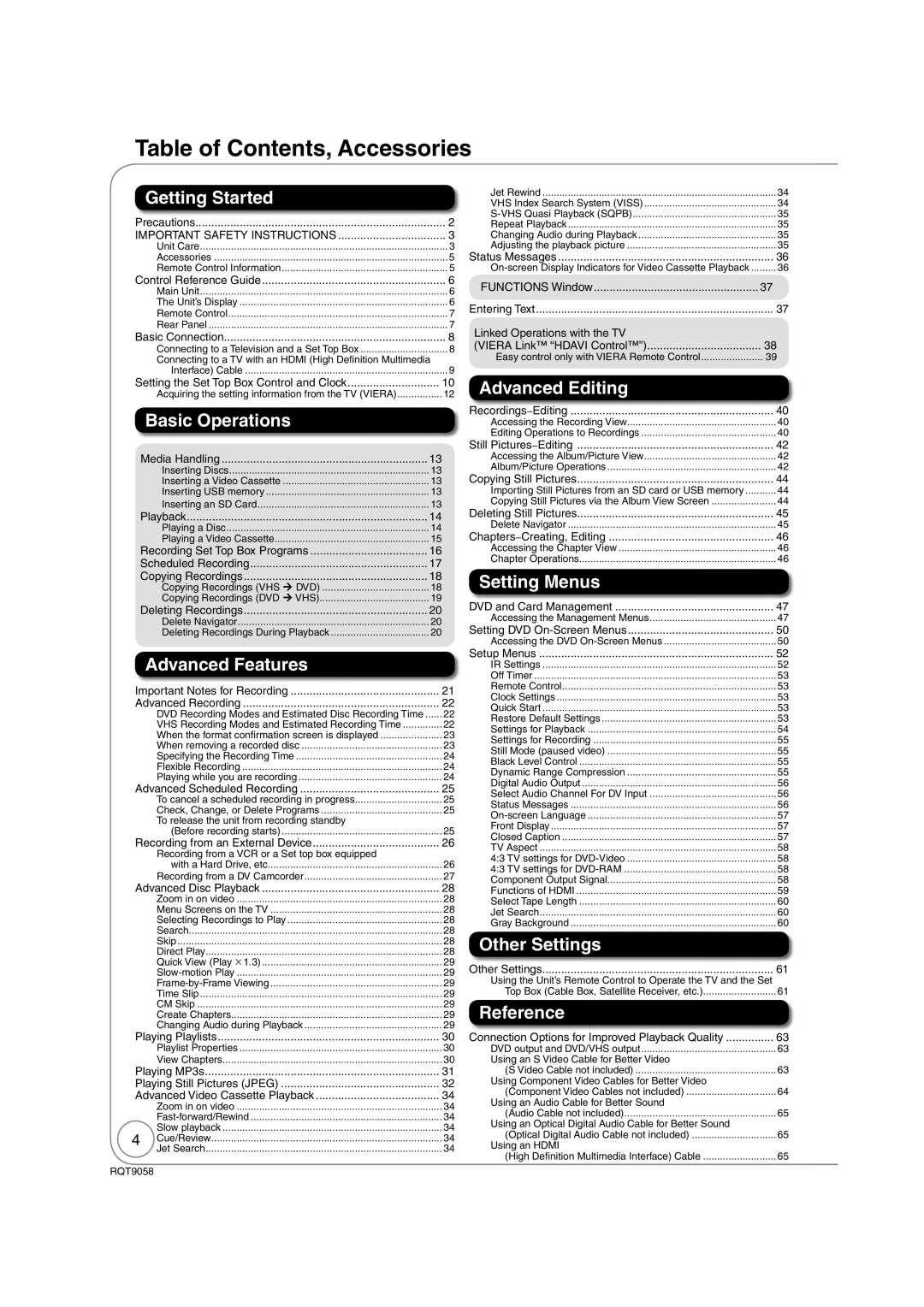 Panasonic DMR-EA38V warranty Table of Contents, Accessories 