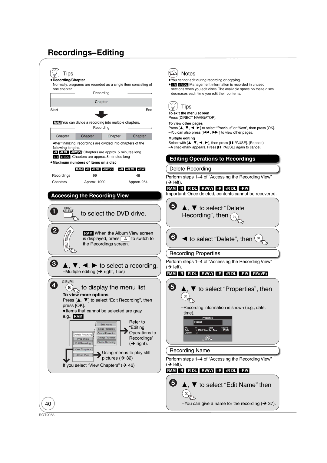 Panasonic DMR-EA38V warranty Recordings−Editing, , , ,  to select a recording, To display the menu list 