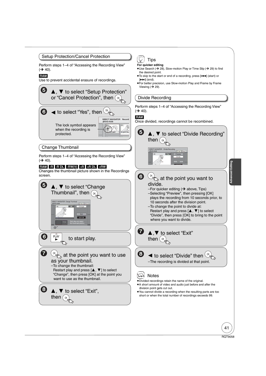 Panasonic DMR-EA38V  to select Yes, then, ,  to select Divide Recording, At the point you want to, Thumbnail, then 