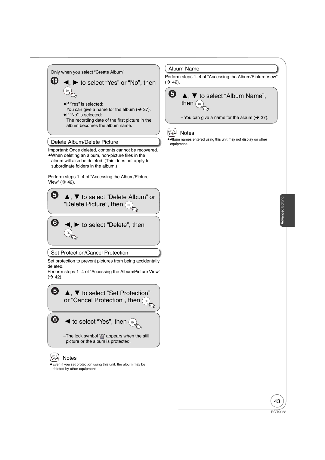 Panasonic DMR-EA38V ,  to select Yes or No, then,  ,  to select Album Name, then OK, Delete Album/Delete Picture 