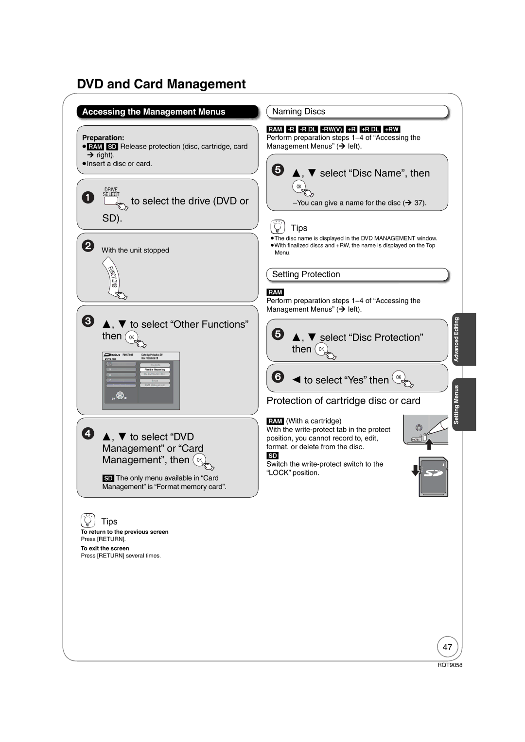 Panasonic DMR-EA38V warranty DVD and Card Management, To select the drive DVD or, ,  select Disc Name, then 