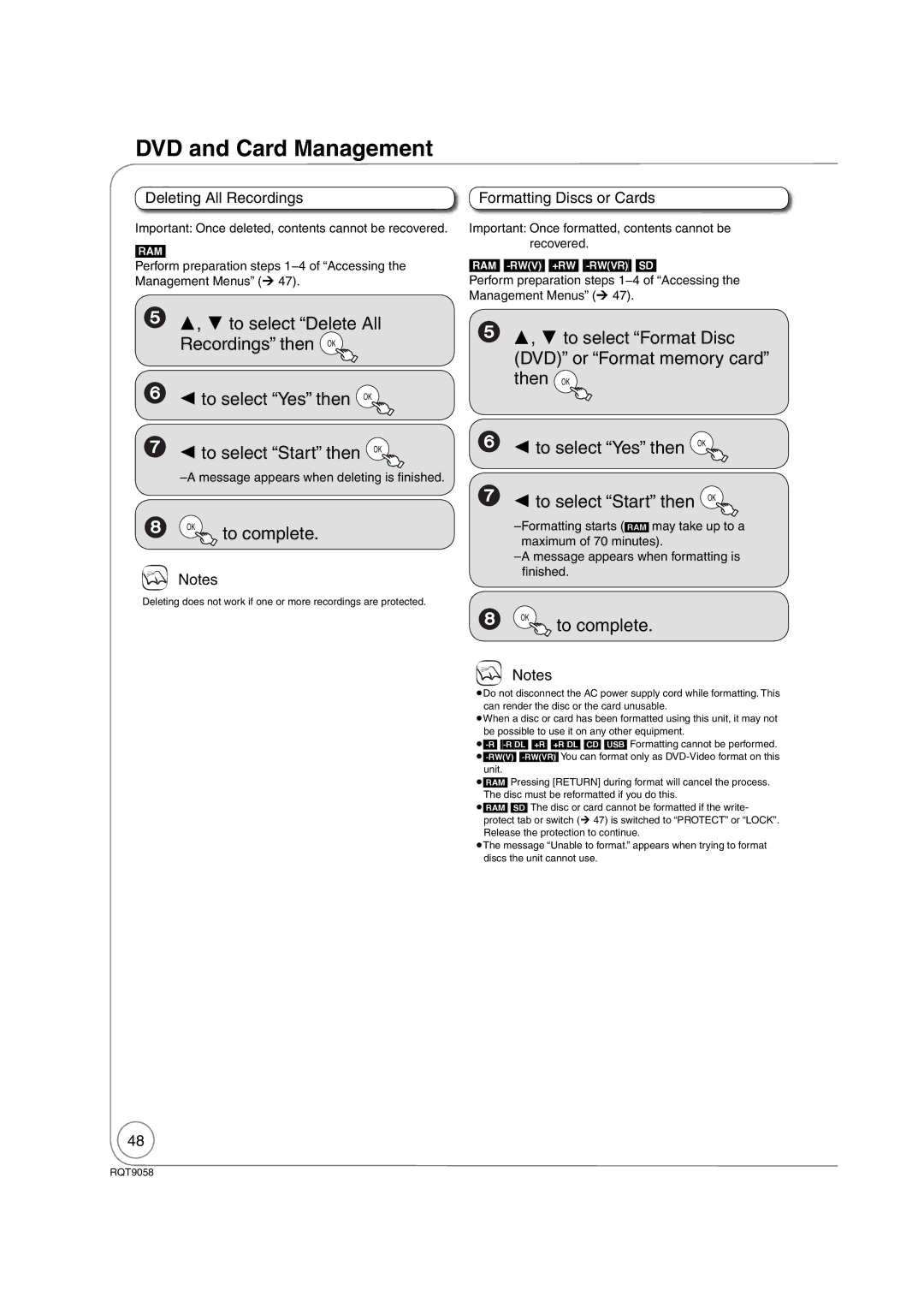 Panasonic DMR-EA38V warranty To complete, Deleting All Recordings, Formatting Discs or Cards 