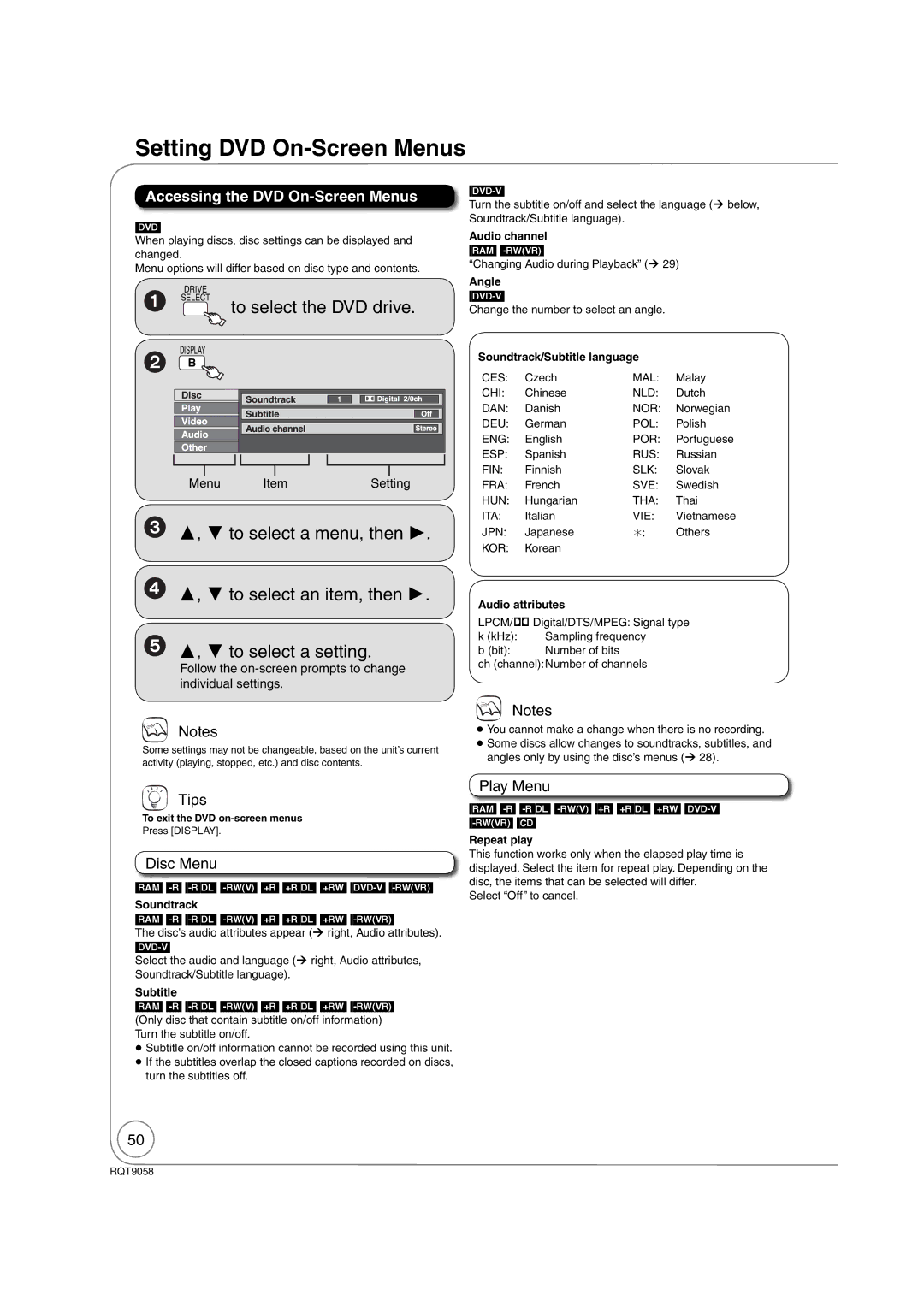 Panasonic DMR-EA38V warranty Setting DVD On-Screen Menus, Accessing the DVD On-Screen Menus, Disc Menu, Play Menu 