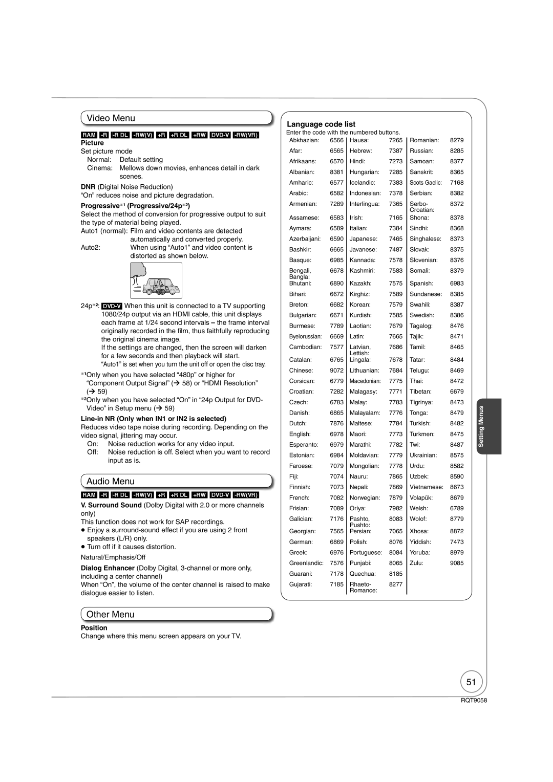 Panasonic DMR-EA38V warranty Video Menu, Audio Menu, Other Menu, Language code list 