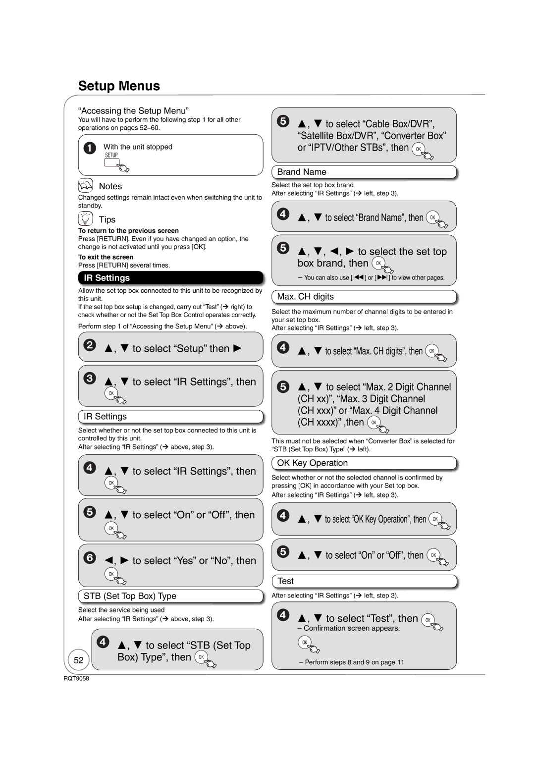 Panasonic DMR-EA38V warranty Setup Menus, Box Type, then OK, IR Settings 