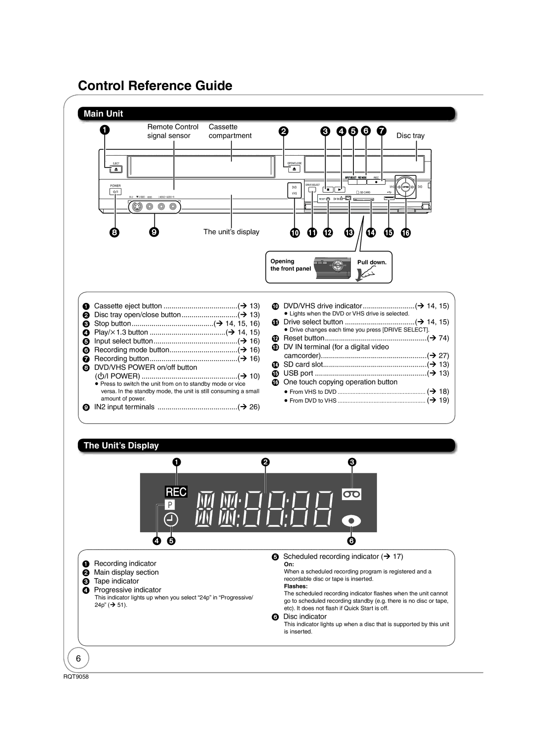 Panasonic DMR-EA38V warranty Control Reference Guide, Main Unit, Unit’s Display, Unit’s display 
