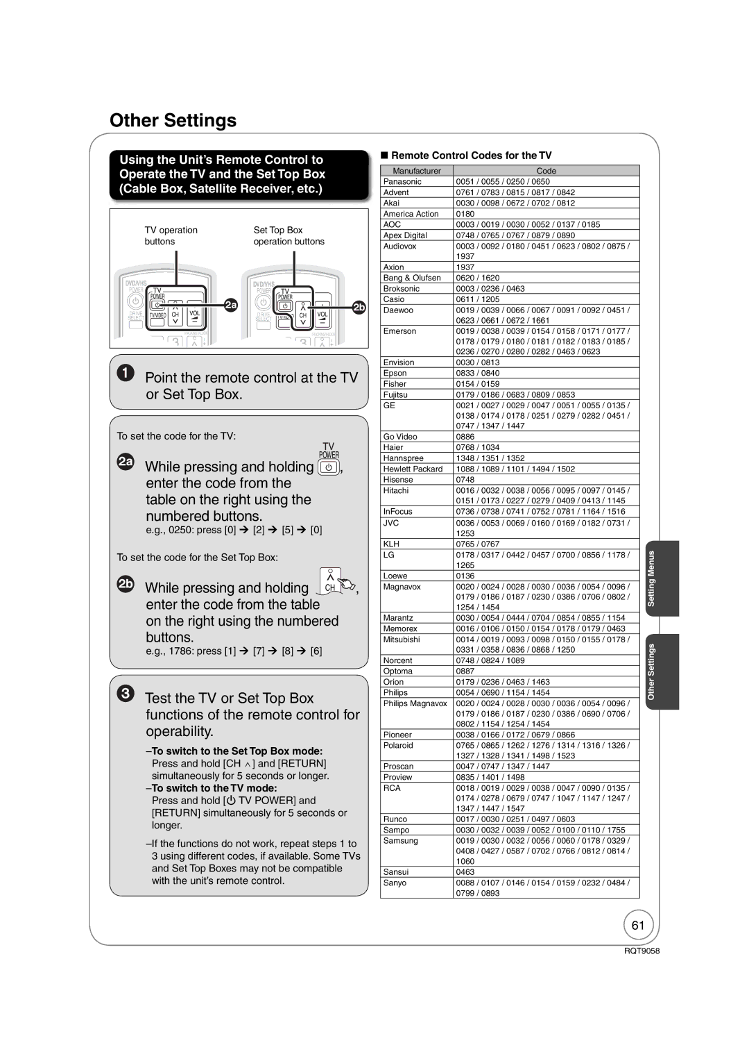 Panasonic DMR-EA38V Other Settings, Point the remote control at the TV or Set Top Box, Enter the code from the table 