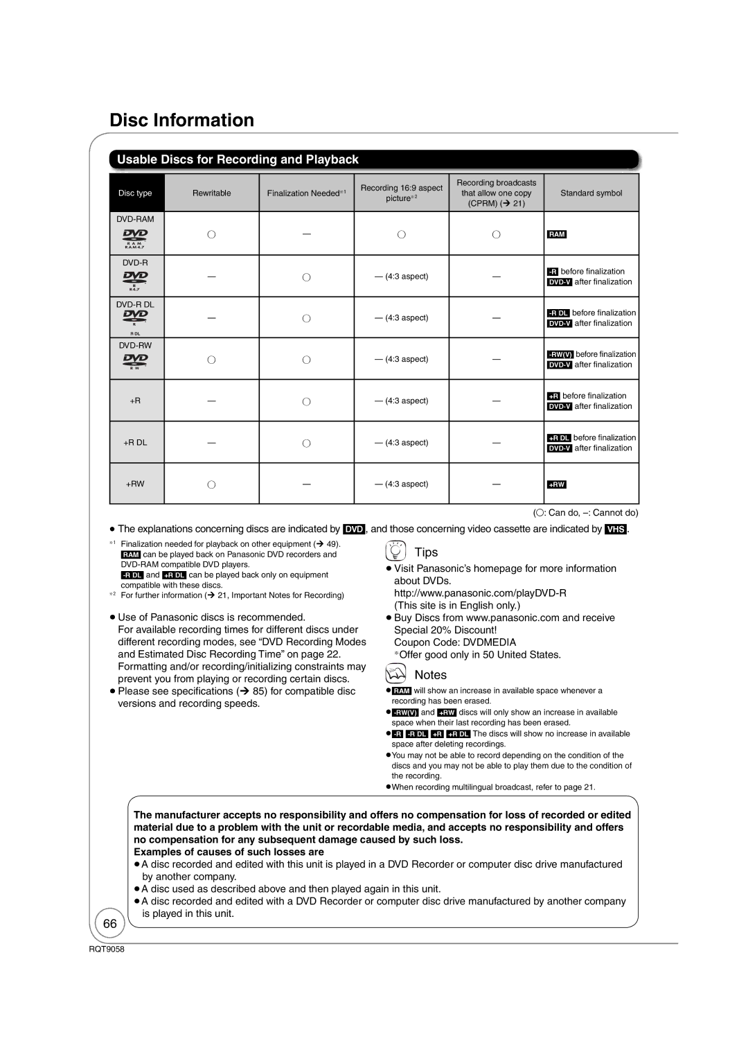 Panasonic DMR-EA38V warranty Disc Information, Usable Discs for Recording and Playback 