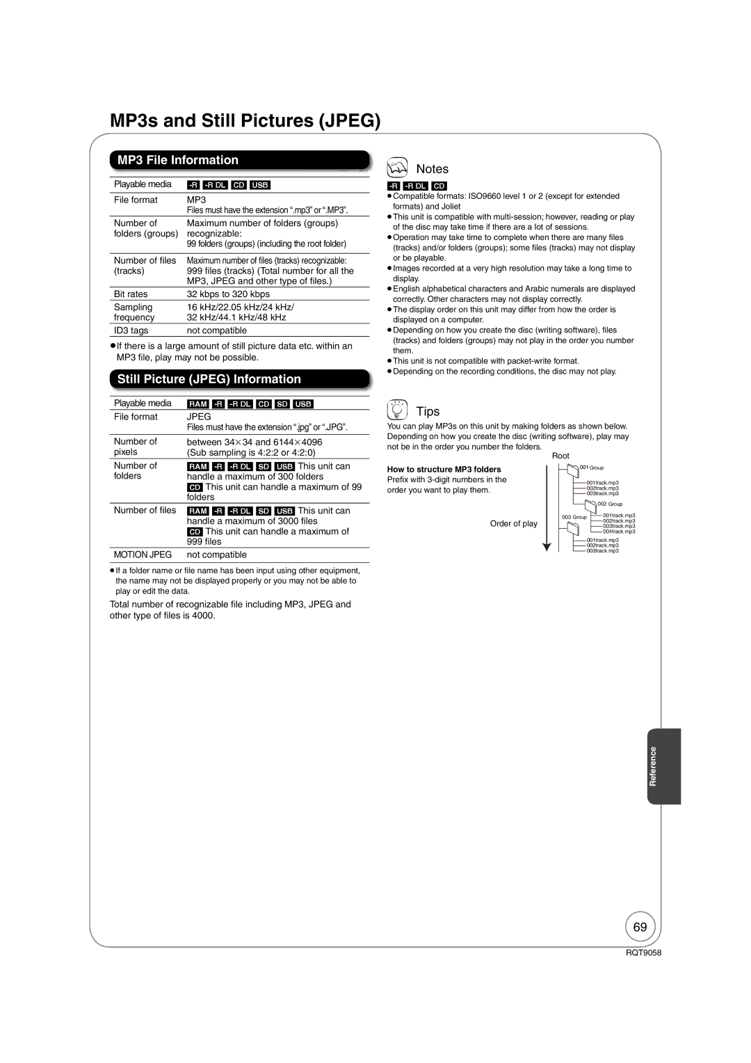 Panasonic DMR-EA38V warranty MP3s and Still Pictures Jpeg, MP3 File Information, Still Picture Jpeg Information 