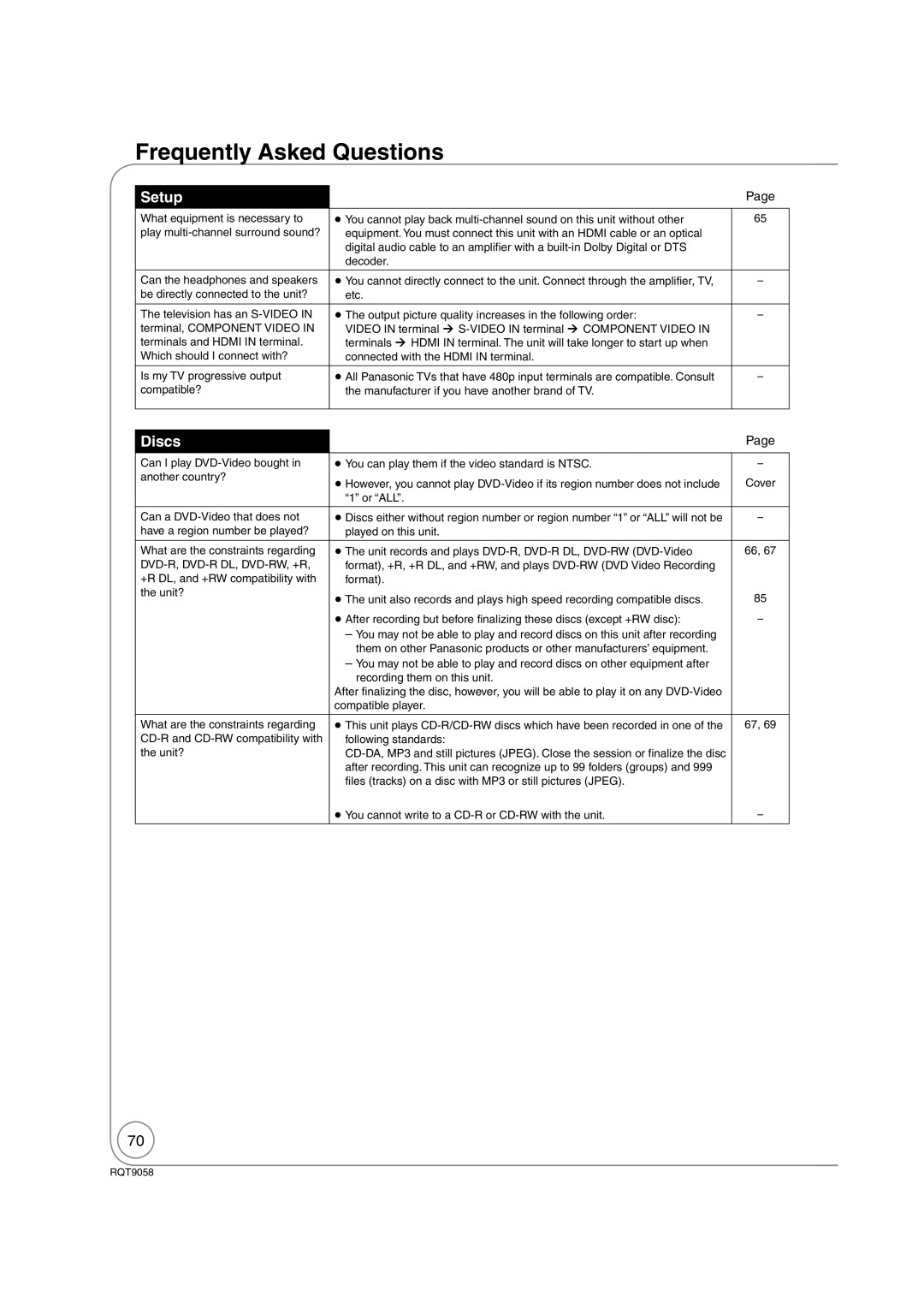 Panasonic DMR-EA38V warranty Frequently Asked Questions, Setup, Discs 