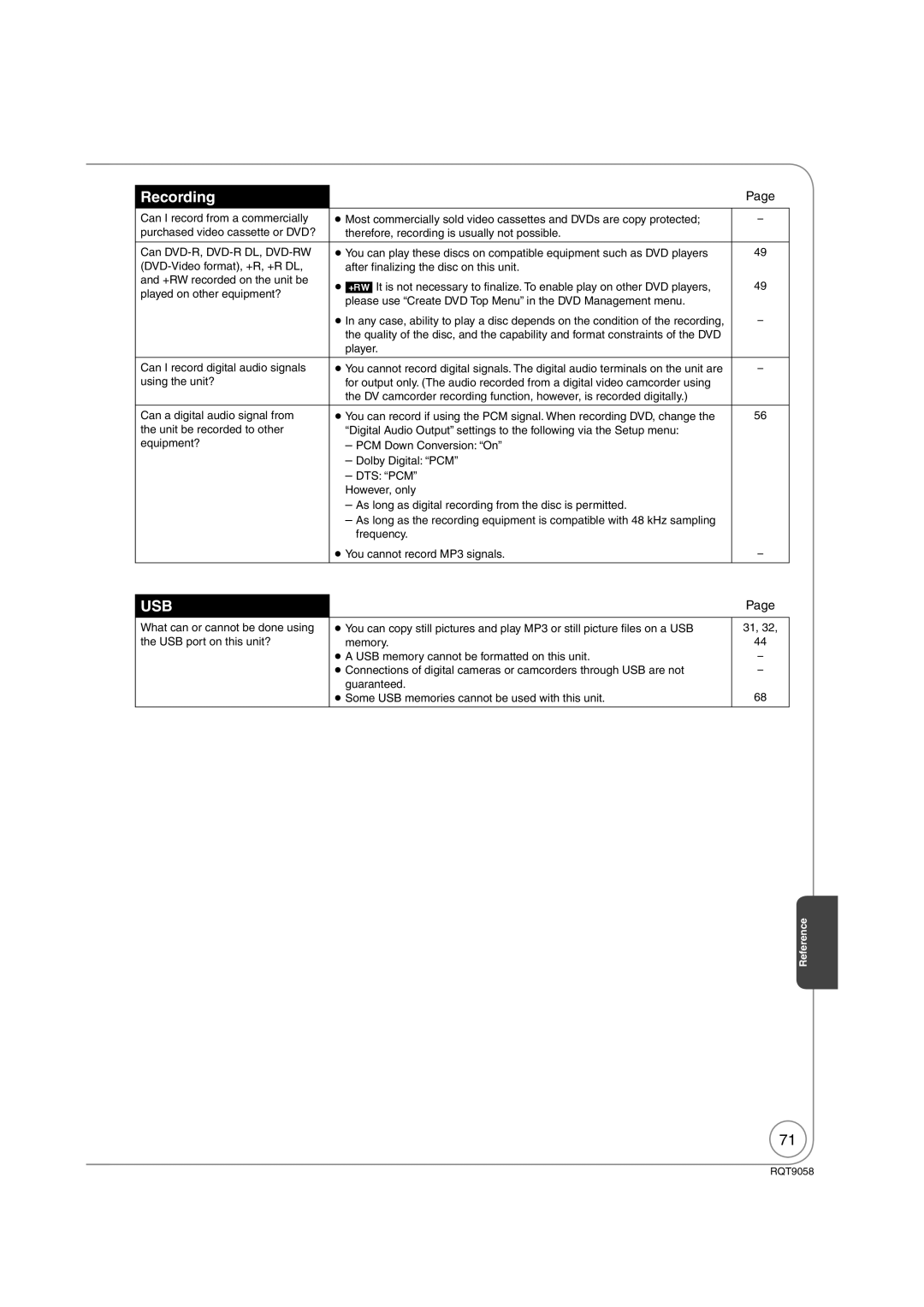 Panasonic DMR-EA38V warranty Recording, Usb 