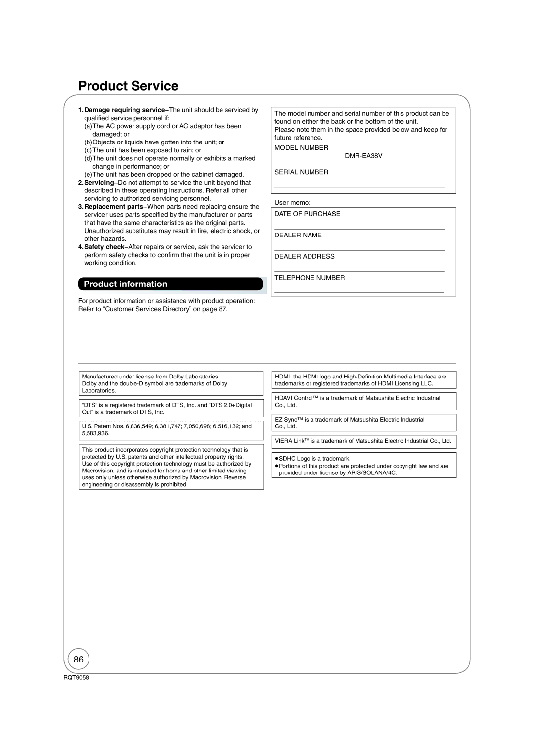 Panasonic DMR-EA38V warranty Product Service, Product information 