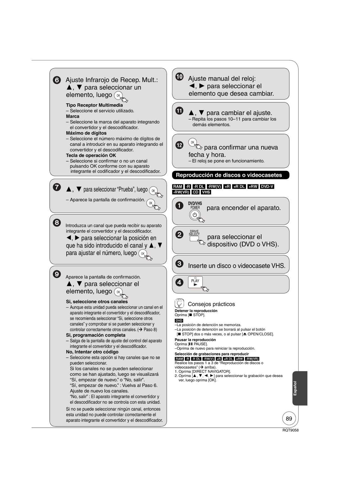 Panasonic DMR-EA38V ,  para seleccionar el elemento, luego OK, Para conﬁ rmar una nueva fecha y hora, Consejos prácticos 