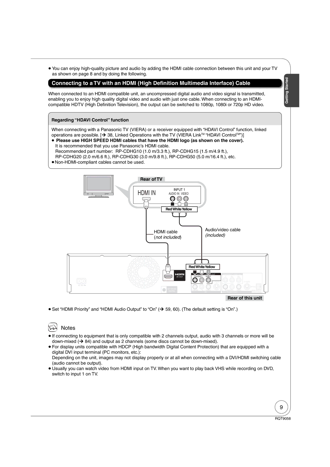 Panasonic DMR-EA38V warranty Regarding Hdavi Control function, Rear of TV, Hdmi cable Audio/video cable 