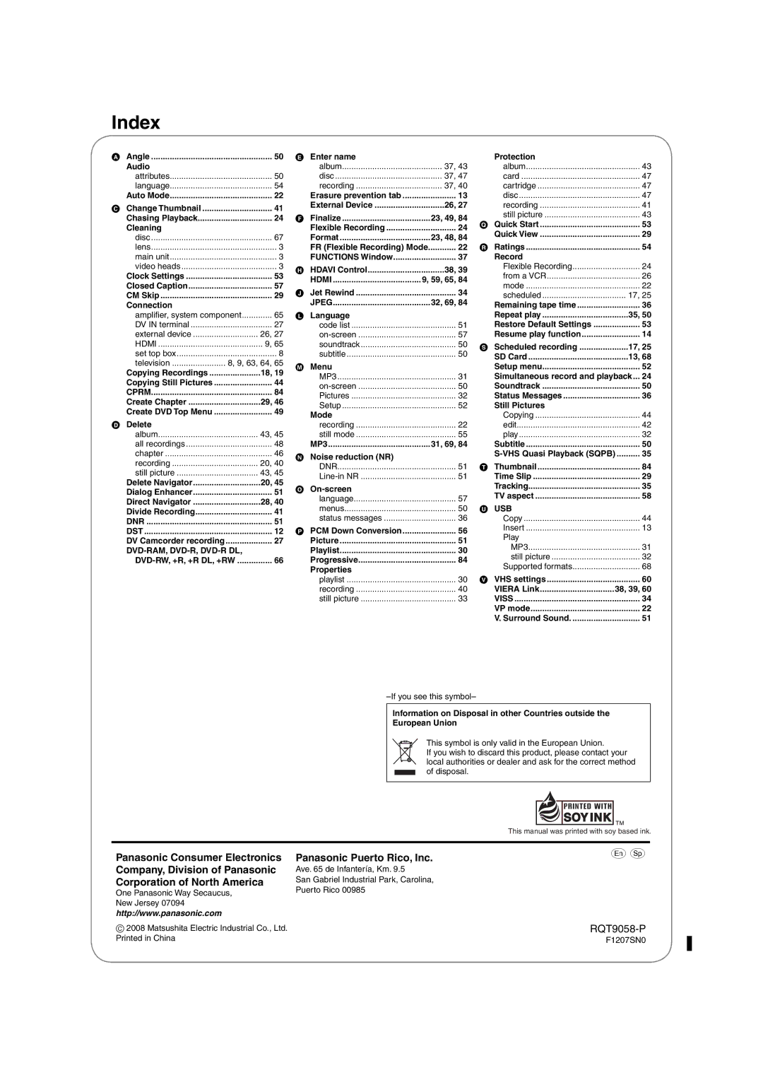 Panasonic DMR-EA38V warranty Index, Panasonic Puerto Rico, Inc 
