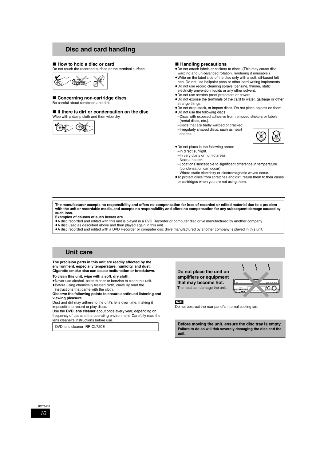 Panasonic DMR-EH56 operating instructions Disc and card handling, Unit care 