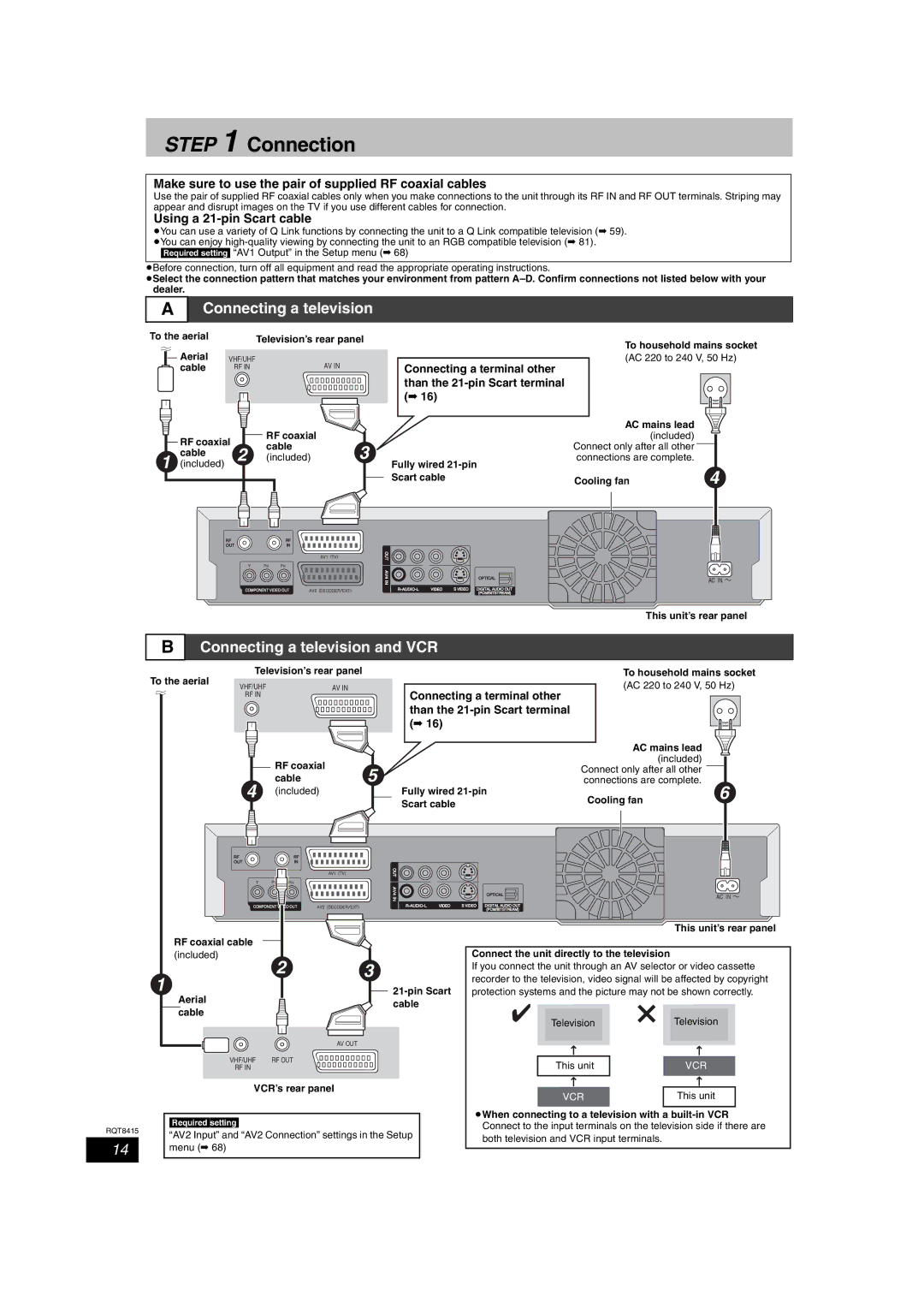 Panasonic DMR-EH56 Connecting a television and VCR, Make sure to use the pair of supplied RF coaxial cables 