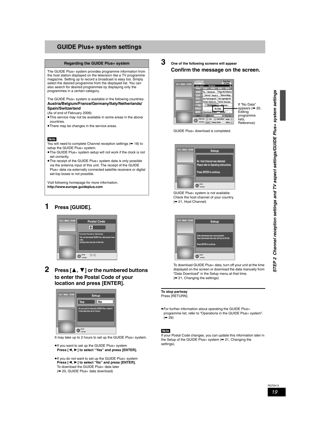 Panasonic DMR-EH56 operating instructions Guide Plus+ system settings, Press Guide, Confirm the message on the screen 