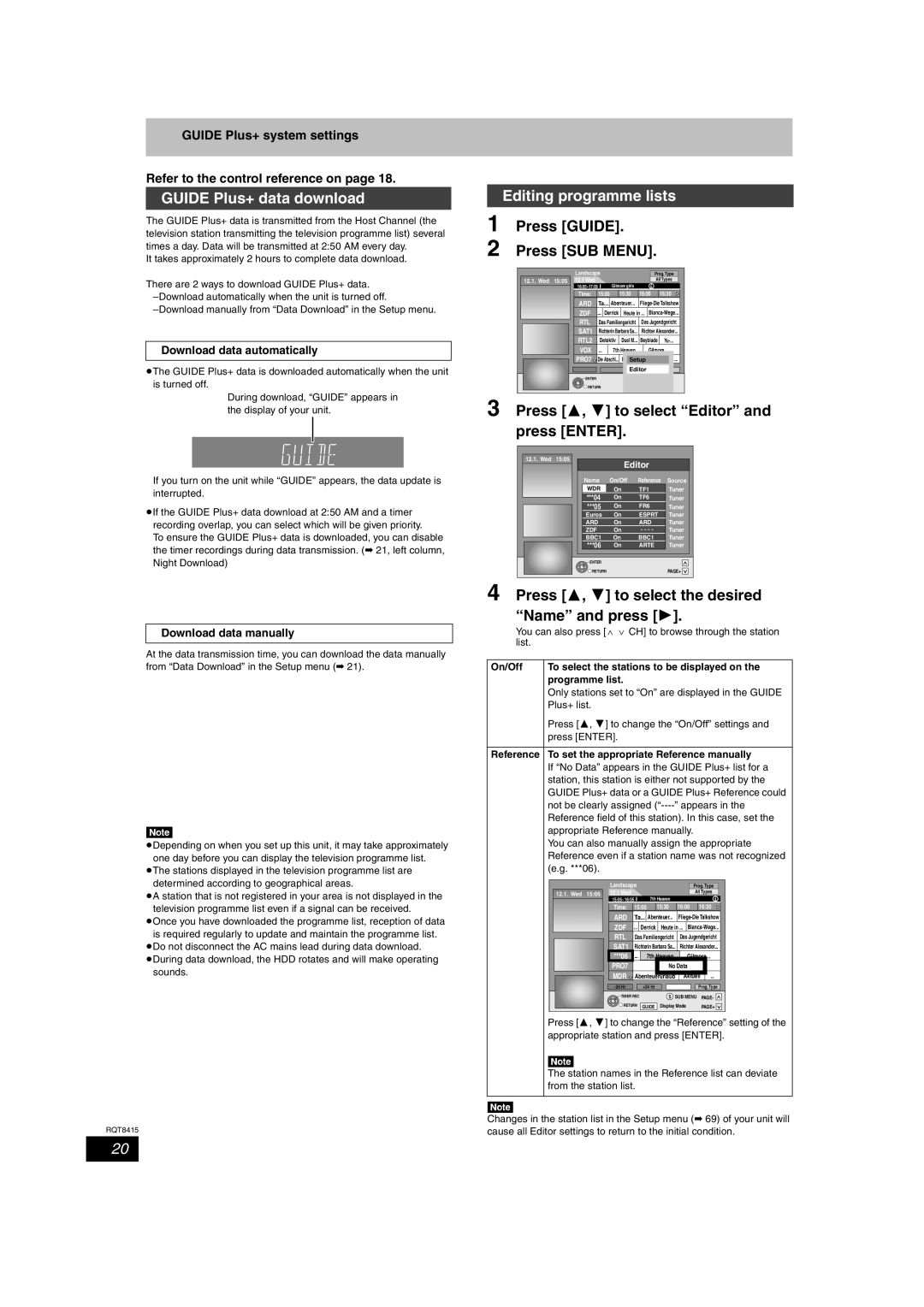 Panasonic DMR-EH56 Guide Plus+ data download, Editing programme lists, Press Guide Press SUB Menu, Download data manually 