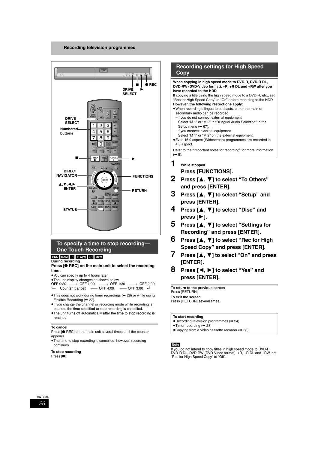 Panasonic DMR-EH56 To specify a time to stop recording- One Touch Recording, Recording settings for High Speed Copy 