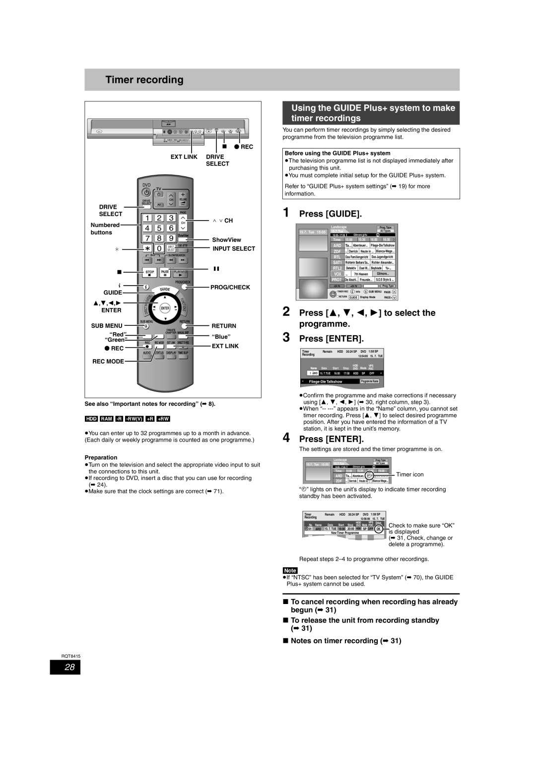 Panasonic DMR-EH56 operating instructions Timer recordings, Press 3, 4, 2, 1 to select the programme Press Enter 