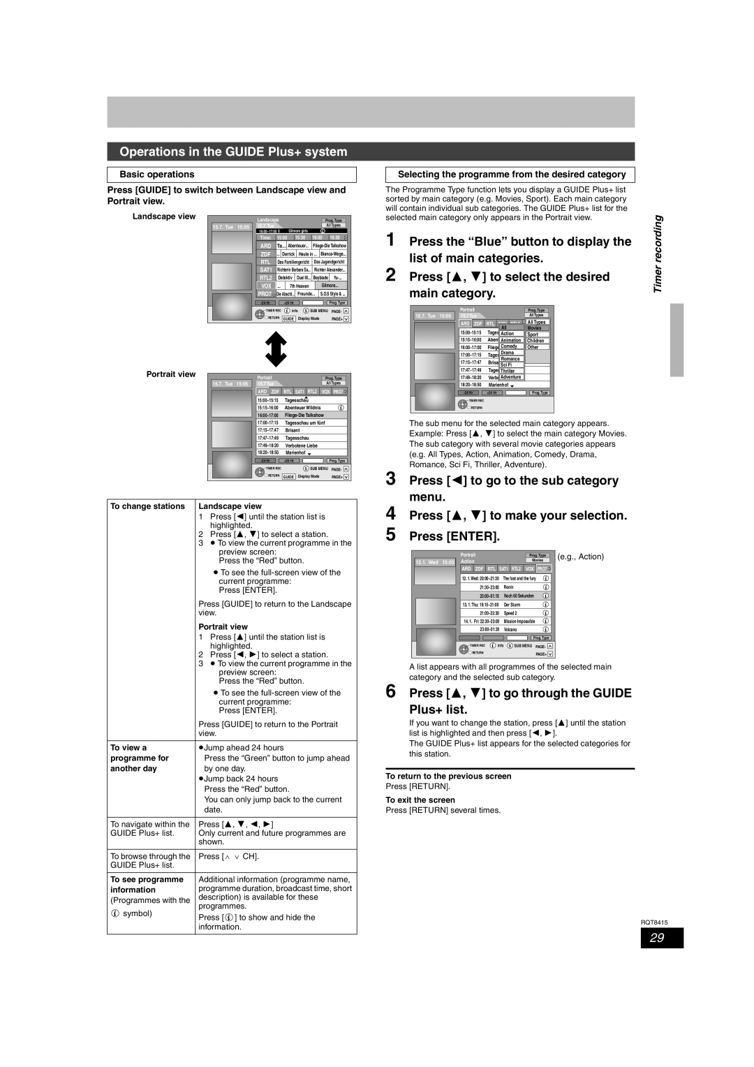 Panasonic DMR-EH56 Operations in the Guide Plus+ system, Press 3, 4 to go through the Guide Plus+ list, Timer recording 