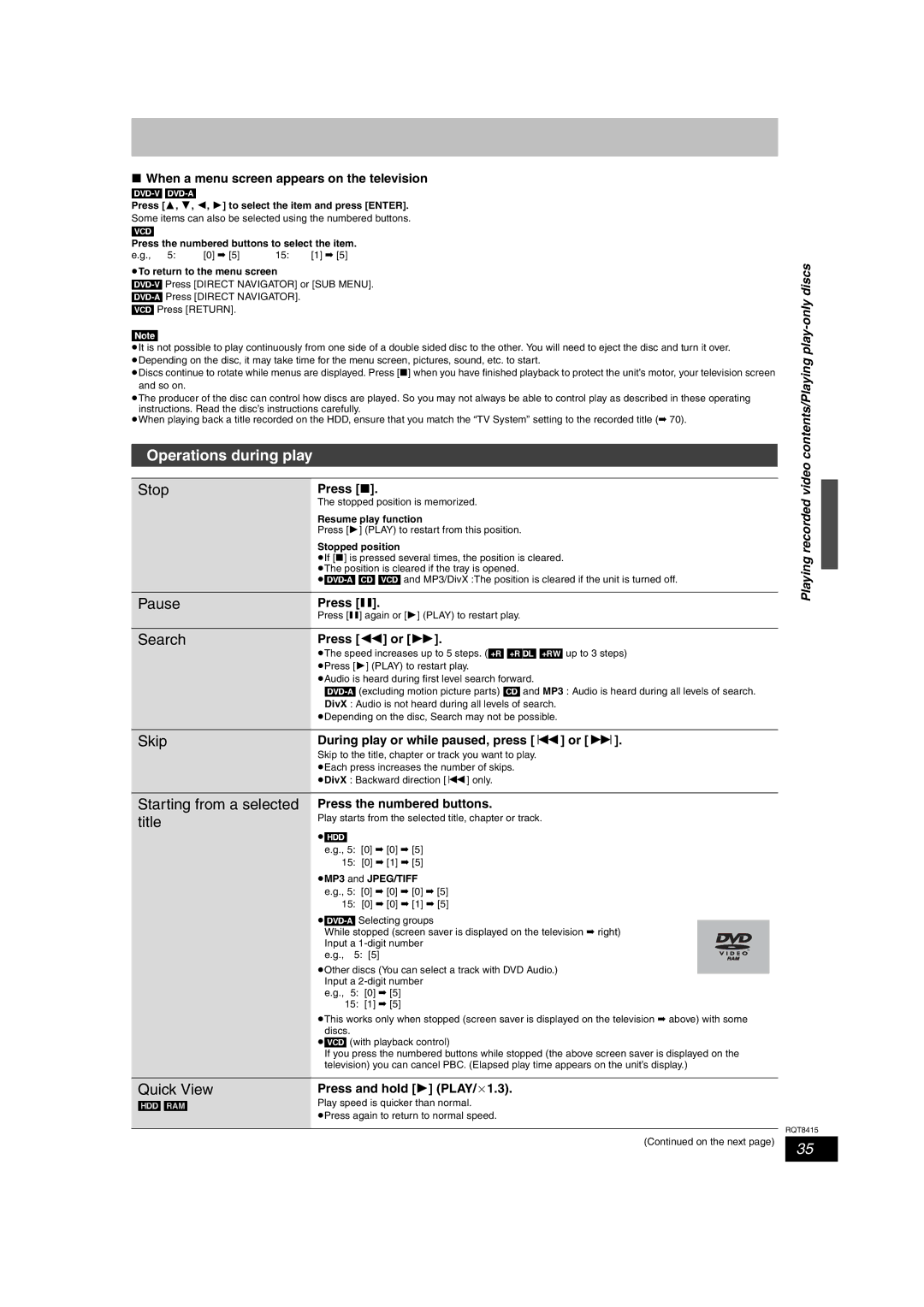 Panasonic DMR-EH56 operating instructions Operations during play, Playing recorded video contents/Playing play-only discs 