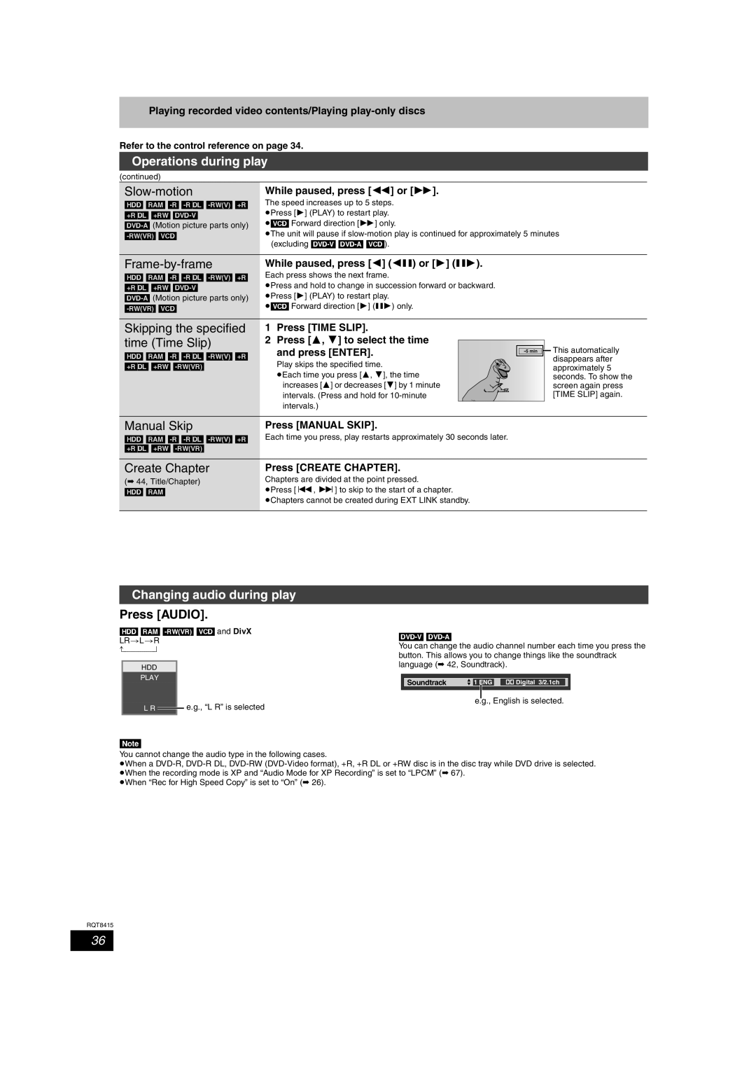 Panasonic DMR-EH56 operating instructions Changing audio during play, Press Audio 