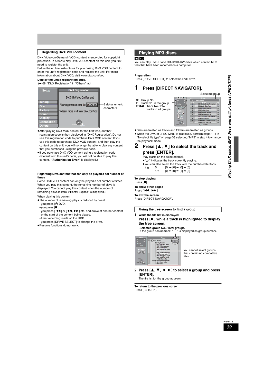 Panasonic DMR-EH56 operating instructions Playing MP3 discs, Press 3, 4 to select the track and press Enter, Still pictures 