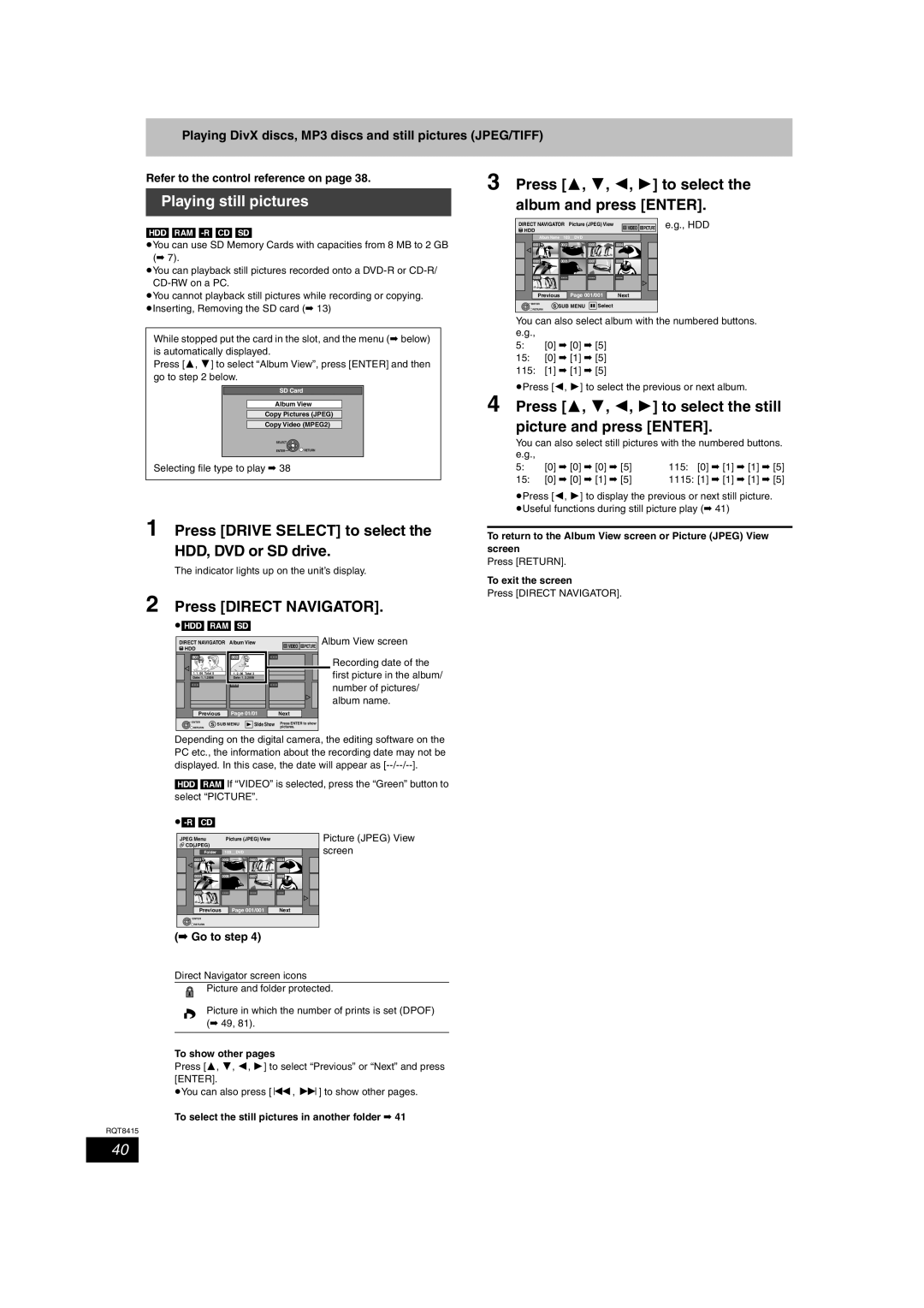 Panasonic DMR-EH56 Playing still pictures, Press 3, 4, 2, 1 to select the album and press Enter, Go to step 