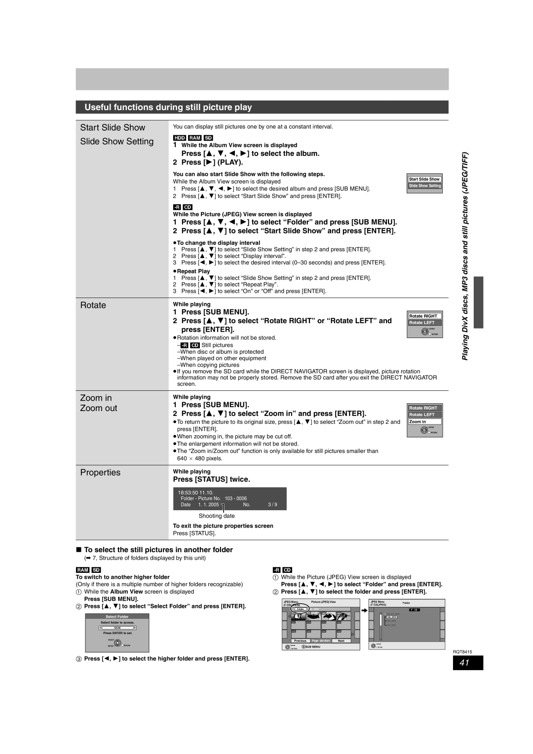 Panasonic DMR-EH56 Useful functions during still picture play, Start Slide Show, Slide Show Setting, Rotate 