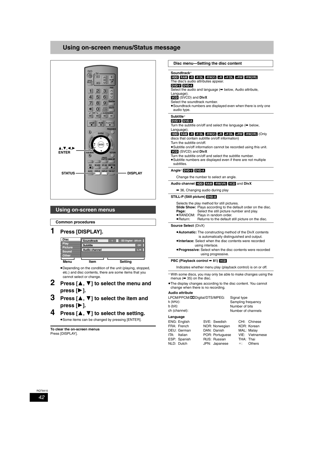 Panasonic DMR-EH56 operating instructions Using on-screen menus/Status message, Press Display, Common procedures 