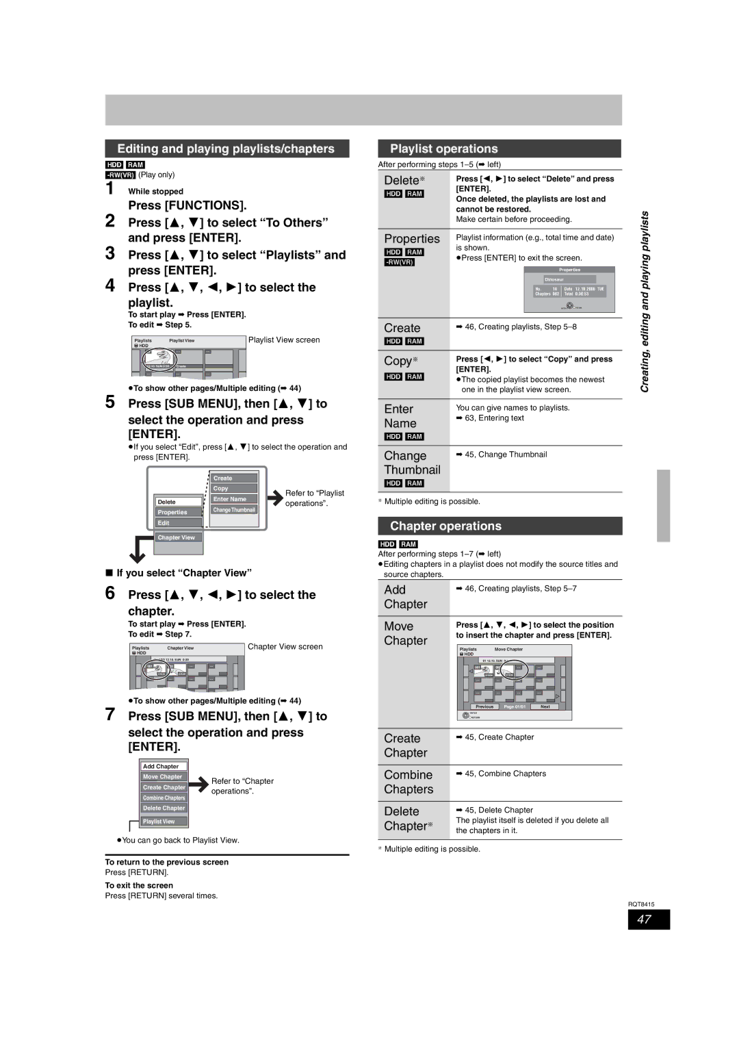 Panasonic DMR-EH56 operating instructions Editing and playing playlists/chapters, Playlist operations, Add, Chapter Move 