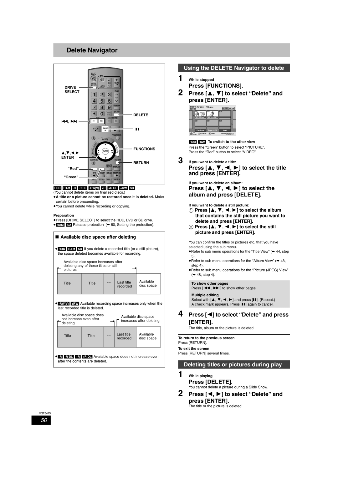 Panasonic DMR-EH56 Delete Navigator, Deleting titles or pictures during play, Press Delete, Delete and press Enter 