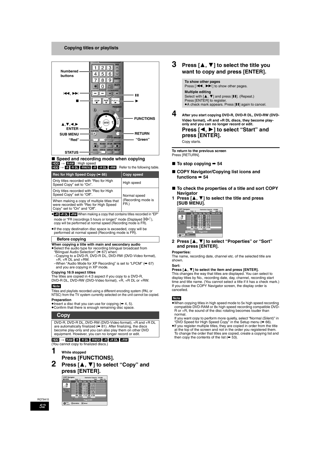 Panasonic DMR-EH56 operating instructions Press Functions Press 3, 4 to select Copy and press Enter 