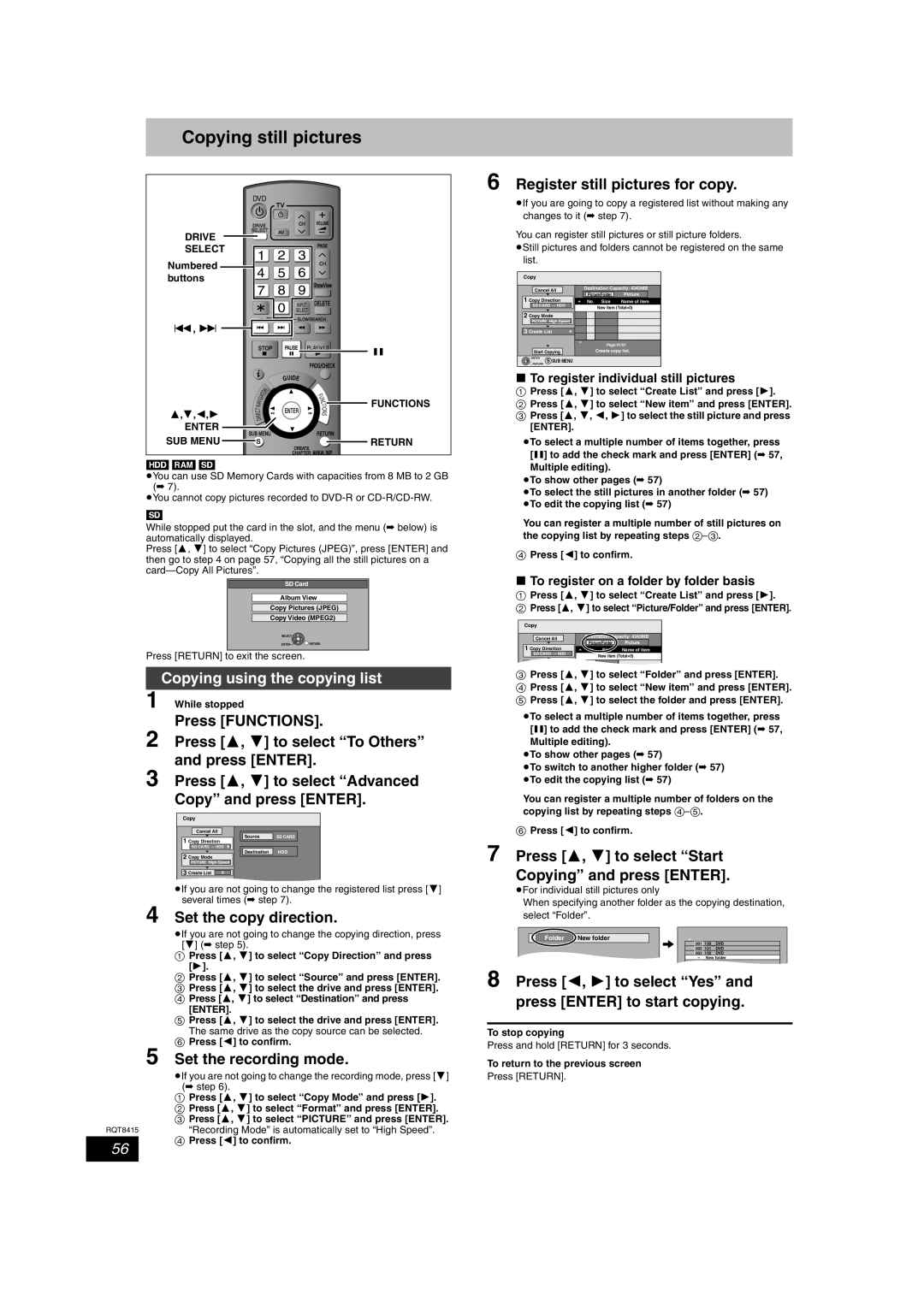 Panasonic DMR-EH56 Copying still pictures, Register still pictures for copy, To register individual still pictures 