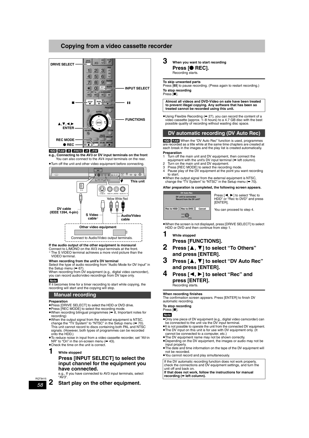 Panasonic DMR-EH56 Copying from a video cassette recorder, DV automatic recording DV Auto Rec, Manual recording, REC Mode 