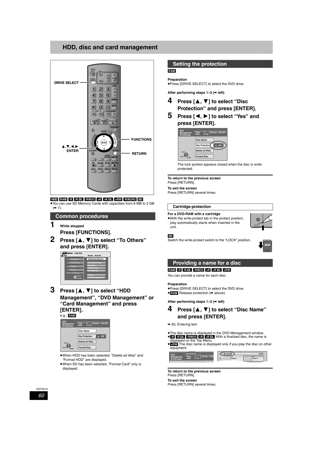 Panasonic DMR-EH56 HDD, disc and card management, Common procedures Setting the protection, Providing a name for a disc 