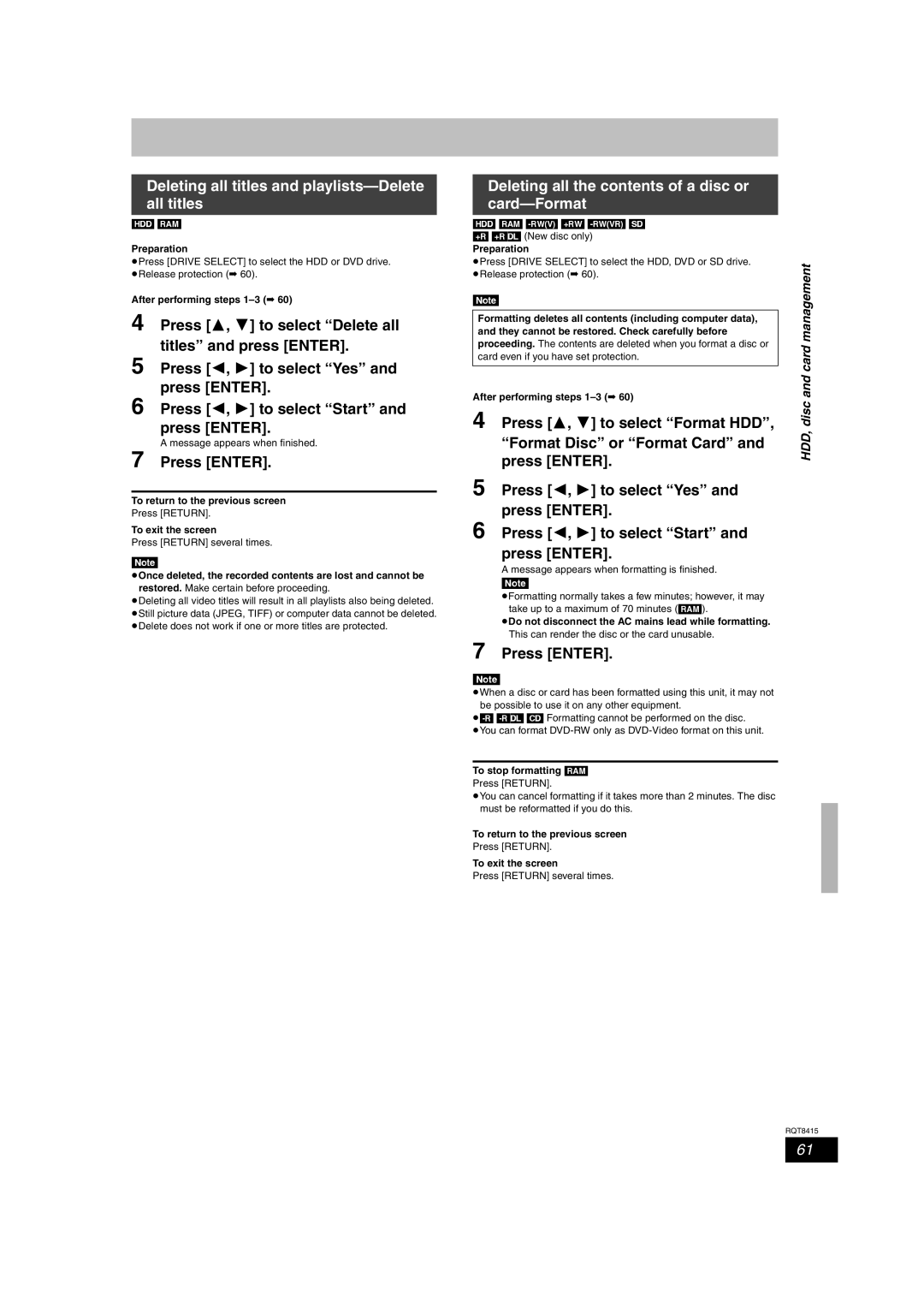 Panasonic DMR-EH56 Deleting all titles and playlists-Delete all titles, Deleting all the contents of a disc or card-Format 