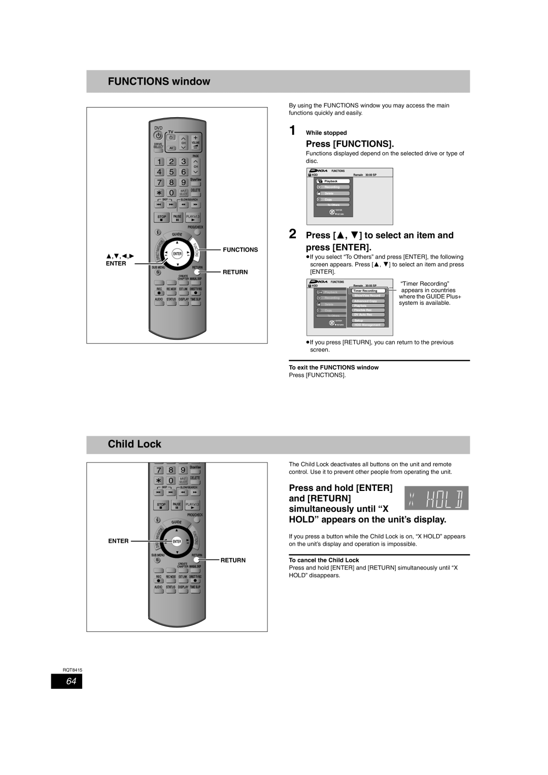 Panasonic DMR-EH56 operating instructions Functions window, Child Lock, Press 3, 4 to select an item and press Enter 